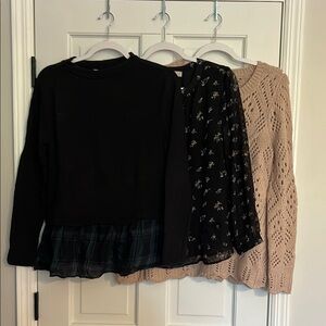 loft tops set - pink sweater, top, and black sweater with flannel under